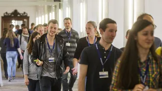 Doctoral candidates from the TUM Graduate School in the corridors of the former monastery in Raitenhaslach, today the TUM Science and Study Center
